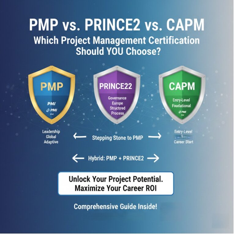 Infographic poster titled 'PMP vs. PRINCE2 vs. CAPM: The Definitive Certification Comparison Guide'. The poster is divided into three main colored columns comparing the certifications: PMP (Blue/Adaptive Leadership), PRINCE2 (Purple/Structured Governance), and CAPM (Green/Foundational Knowledge). Each column details the Issuing Body, Methodology Focus, Core Value Proposition, Global Footprint, and Target Audience. Below the main columns is a section titled 'Choosing Your Path,' which provides specific certification recommendations based on career scenarios, such as 'Experienced Global Manager (PMP)' and 'Entry-Level/Career Changer (CAPM)'.